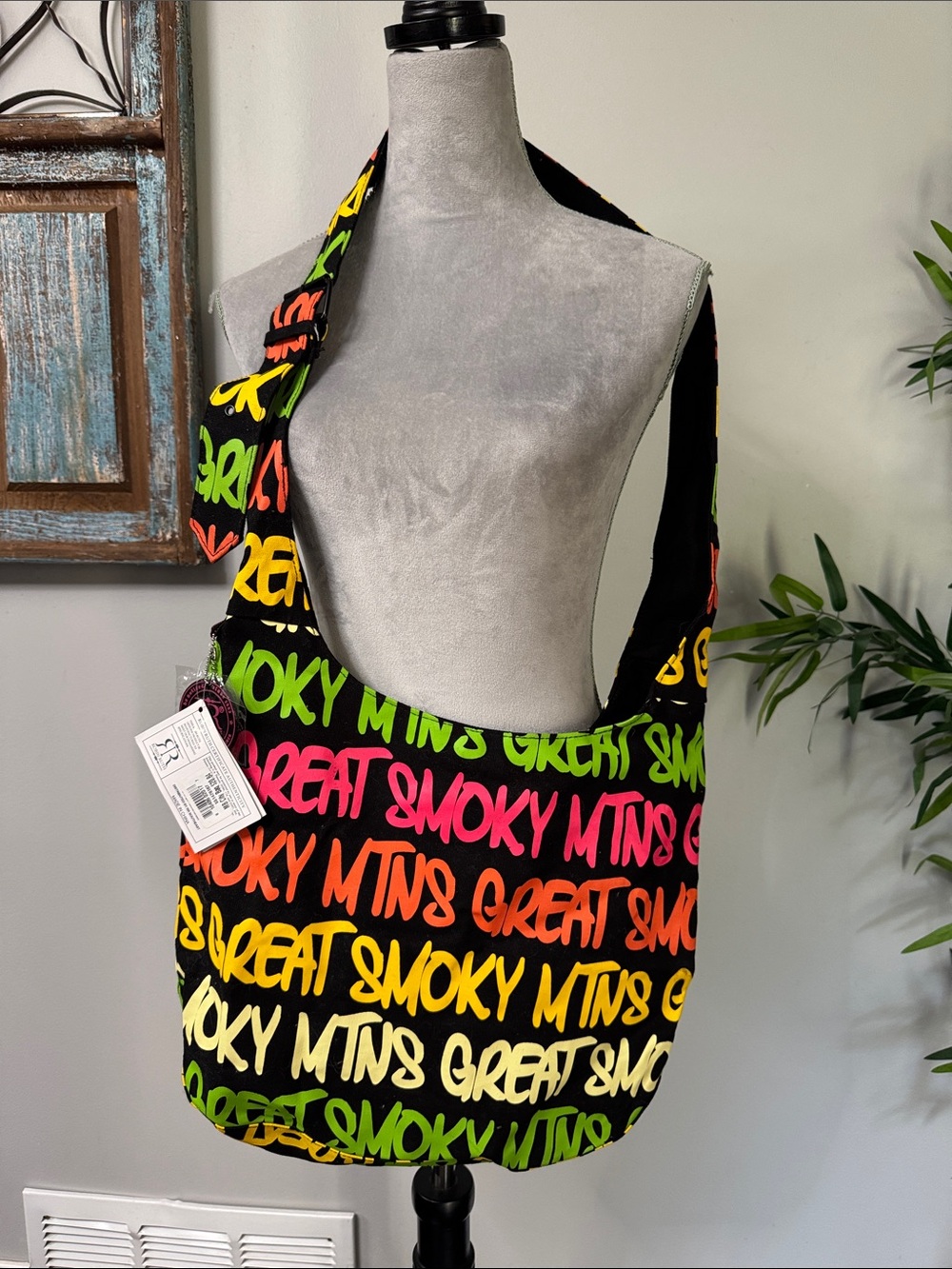 Robin Ruth smoky mountains Sling Bag with Neon Pink Orange and Lime Script NWT